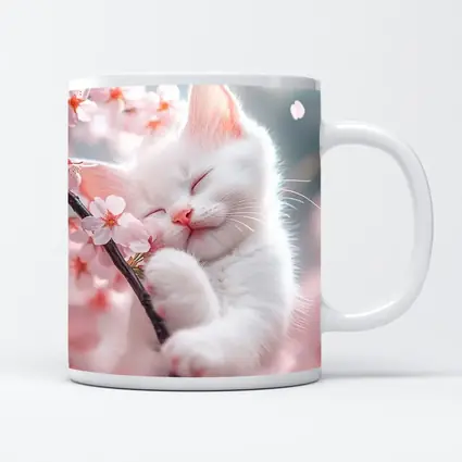 White Kitten Sleeping Among Cherry Blossoms