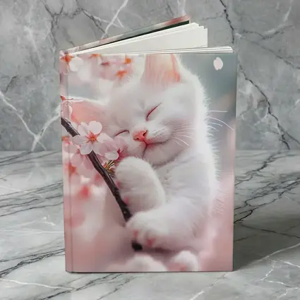 White Kitten Sleeping Among Cherry Blossoms