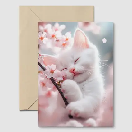 White Kitten Sleeping Among Cherry Blossoms