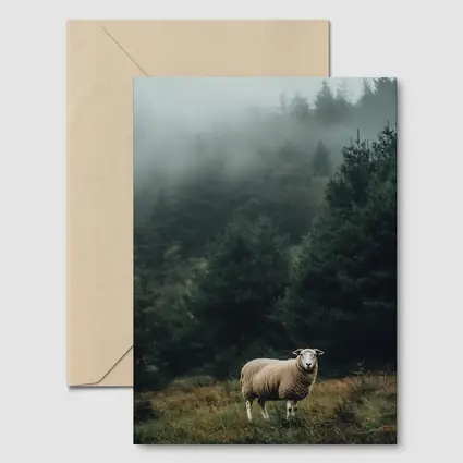 Lone Sheep Misty Forest Highland Landscape