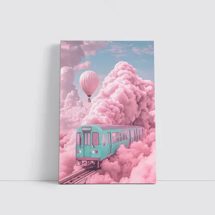 Teal Train Floating Through Pink Clouds