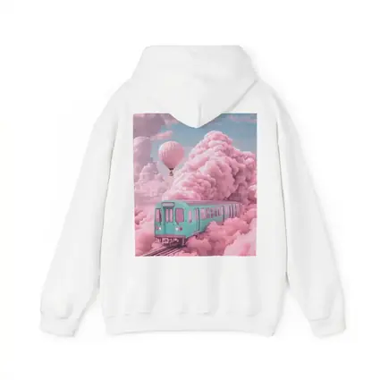 Teal Train Floating Through Pink Clouds