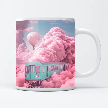 Teal Train Floating Through Pink Clouds