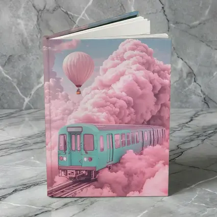 Teal Train Floating Through Pink Clouds