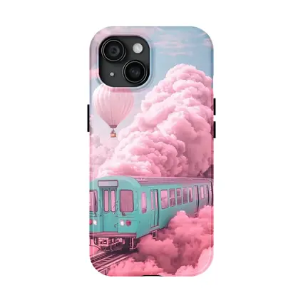 Teal Train Floating Through Pink Clouds