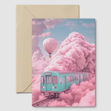 Teal Train Floating Through Pink Clouds