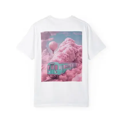 Teal Train Floating Through Pink Clouds
