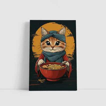 Samurai Cat Eating Ramen Bowl Art