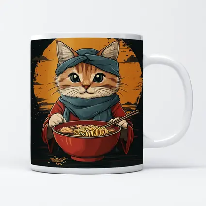 Samurai Cat Eating Ramen Bowl Art