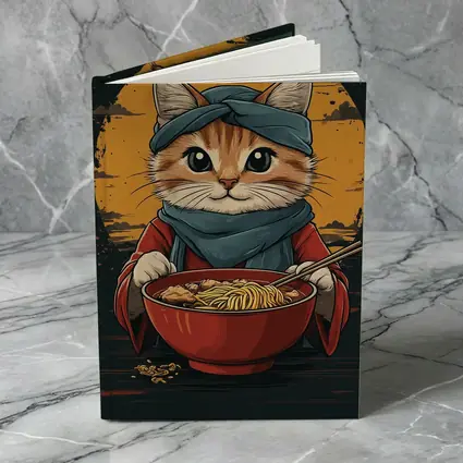 Samurai Cat Eating Ramen Bowl Art