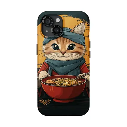 Samurai Cat Eating Ramen Bowl Art