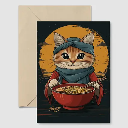 Samurai Cat Eating Ramen Bowl Art