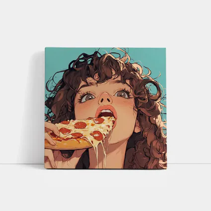 Anime Girl Eating Pizza Teal Background