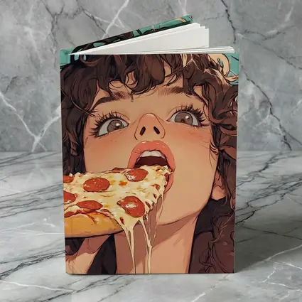 Anime Girl Eating Pizza Teal Background