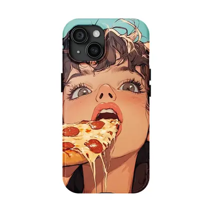 Anime Girl Eating Pizza Teal Background