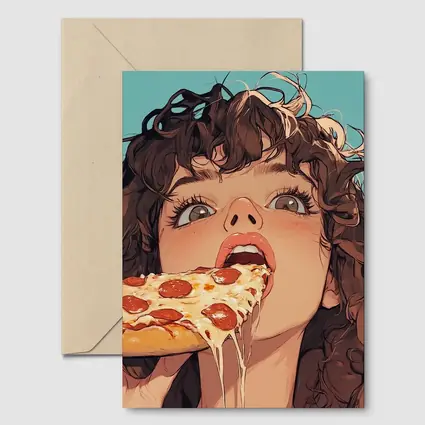 Anime Girl Eating Pizza Teal Background
