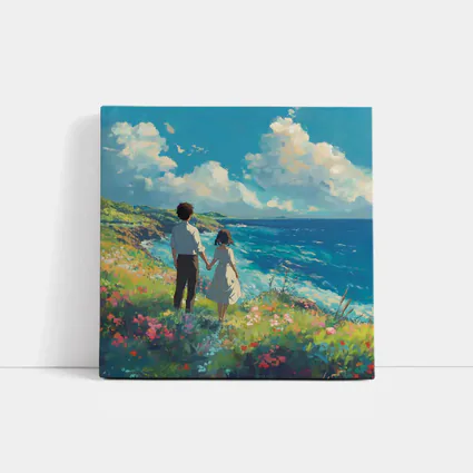 Anime Couple Holding Hands Coastal Cliffside