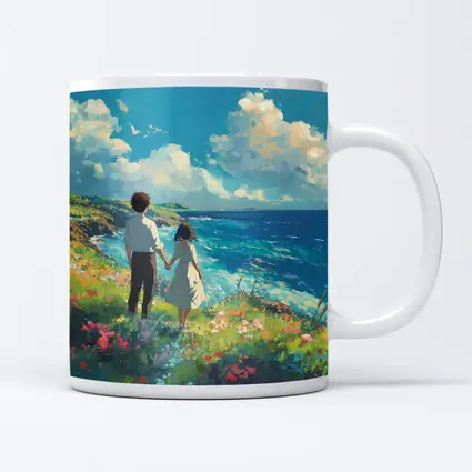 Anime Couple Holding Hands Coastal Cliffside