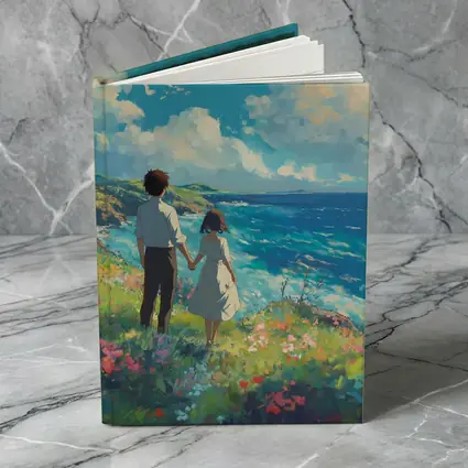 Anime Couple Holding Hands Coastal Cliffside