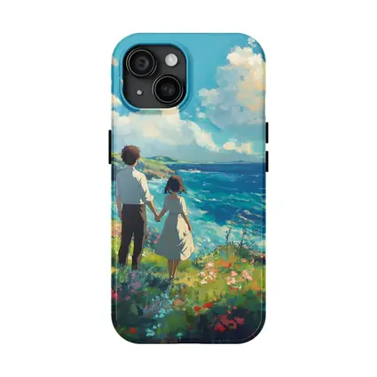 Anime Couple Holding Hands Coastal Cliffside