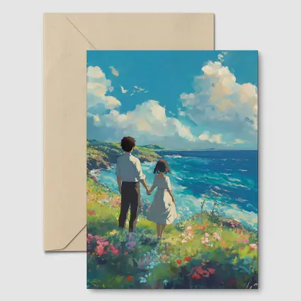 Anime Couple Holding Hands Coastal Cliffside
