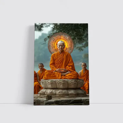 Buddhist Monk Meditating Glowing Halo Lotus Throne