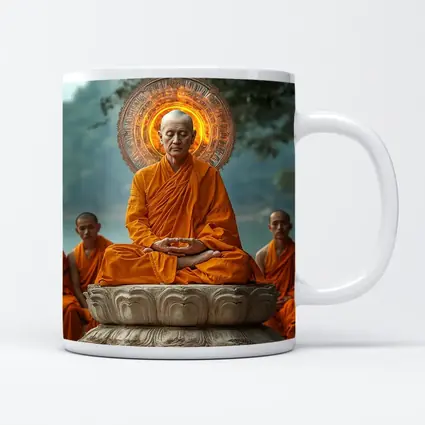 Buddhist Monk Meditating Glowing Halo Lotus Throne