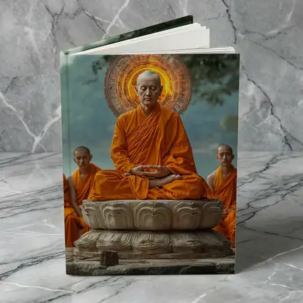 Buddhist Monk Meditating Glowing Halo Lotus Throne