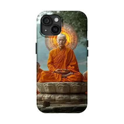 Buddhist Monk Meditating Glowing Halo Lotus Throne