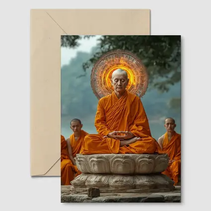 Buddhist Monk Meditating Glowing Halo Lotus Throne