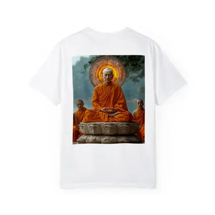 Buddhist Monk Meditating Glowing Halo Lotus Throne