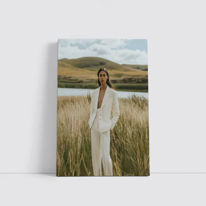 Woman White Suit Standing Tall Grass Field