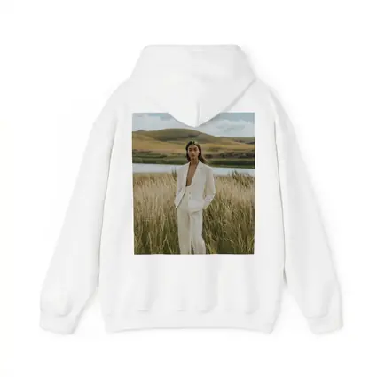 Woman White Suit Standing Tall Grass Field
