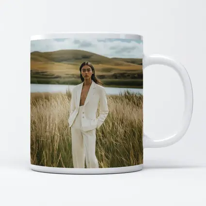 Woman White Suit Standing Tall Grass Field