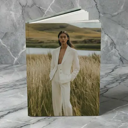 Woman White Suit Standing Tall Grass Field