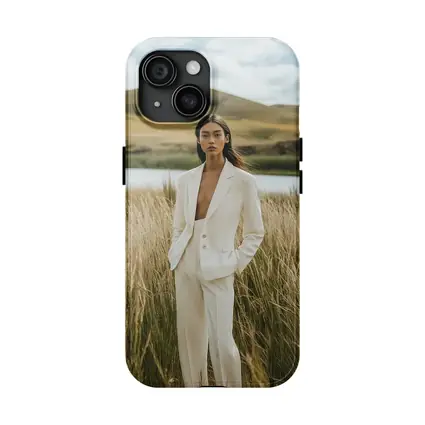 Woman White Suit Standing Tall Grass Field