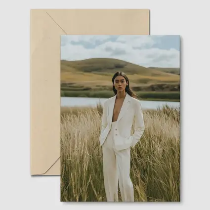 Woman White Suit Standing Tall Grass Field