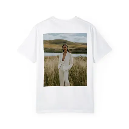 Woman White Suit Standing Tall Grass Field