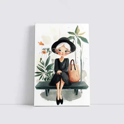 Cartoon Girl Sitting on Bench with Plants