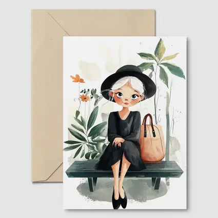 Cartoon Girl Sitting on Bench with Plants