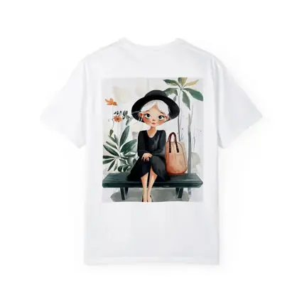 Cartoon Girl Sitting on Bench with Plants