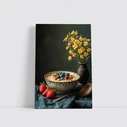 Oatmeal Bowl Blueberries Almonds Yellow Flowers Dark