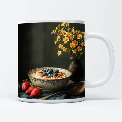 Oatmeal Bowl Blueberries Almonds Yellow Flowers Dark