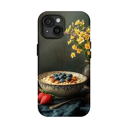 Oatmeal Bowl Blueberries Almonds Yellow Flowers Dark
