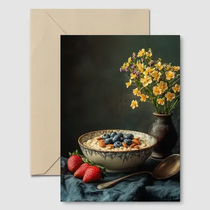 Oatmeal Bowl Blueberries Almonds Yellow Flowers Dark
