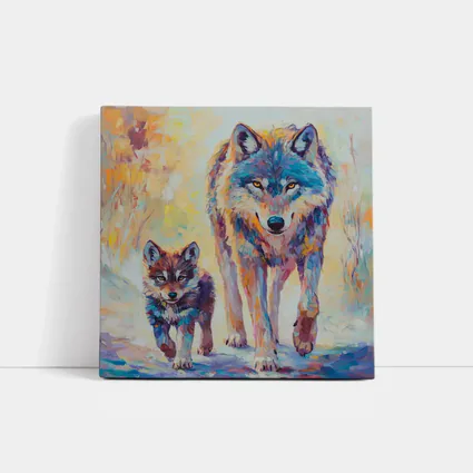Wolf And Cub Colorful Oil Painting Art