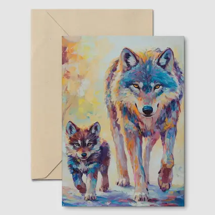 Wolf And Cub Colorful Oil Painting Art