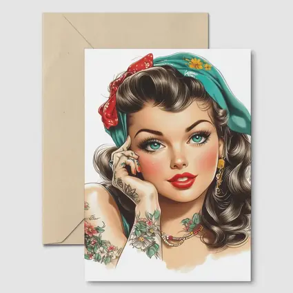 Retro Pin Up Girl With Floral Tattoos
