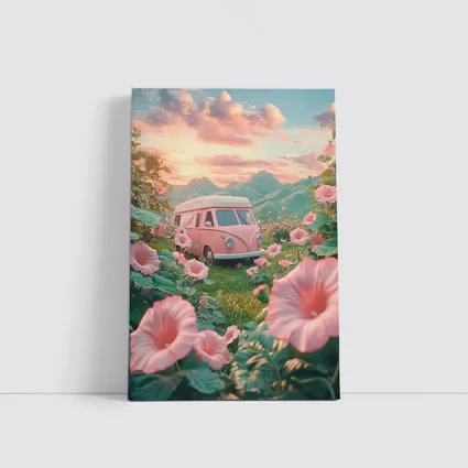 Pink Retro Van Surrounded By Morning Glory Flowers