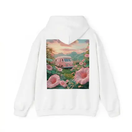 Pink Retro Van Surrounded By Morning Glory Flowers